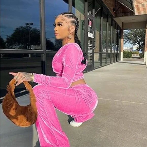 Pink Velour Velvet Women's Jumpsuit - Picture 3 of 11